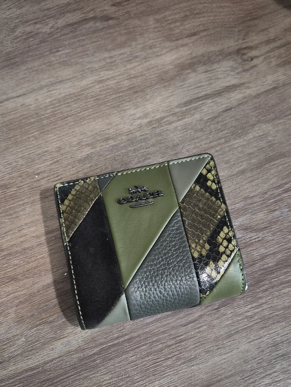 Coach Men's Patchwork Leather Card Wallet in Olive Green and Black